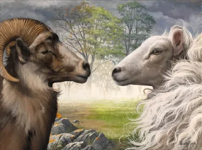The Sheep and the Goat: A sheep and a goat facing each other.