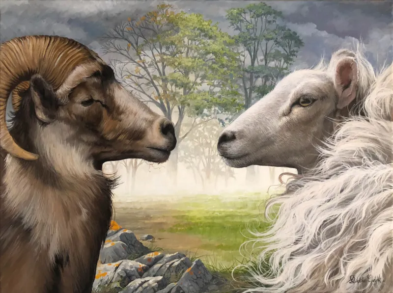 The Sheep and the Goat: A sheep and a goat facing each other.