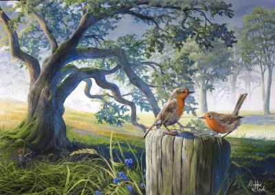 Robins by the Oak Tree: A pair of robin red breasts on post by an oak tree in a misty landscape.