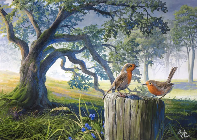 Robins by the Oak Tree: A pair of robin red breasts on post by an oak tree in a misty landscape.