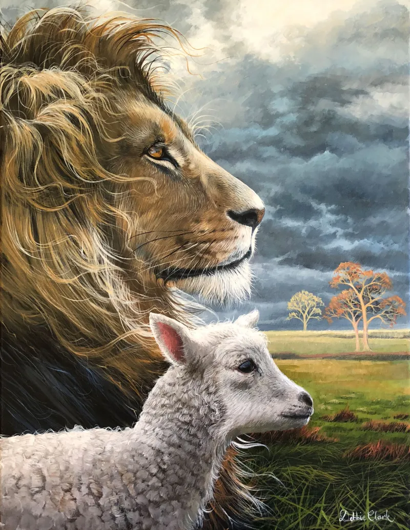 Lion and The Lamb: A lion and a lamb looking out onto a landscape.