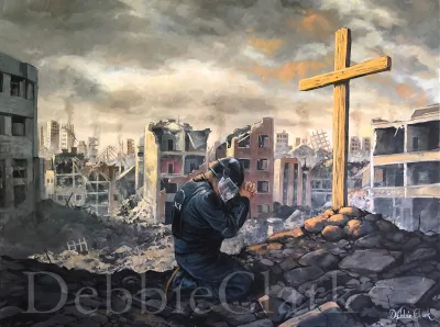 Repentant: A militarised policeman kneeling down before a sunlit cross seeking forgiveness for his sins in a war torn city.