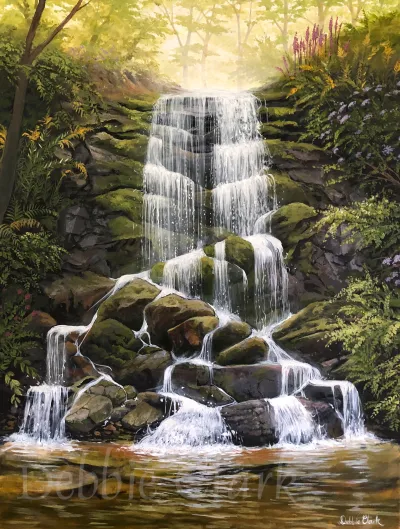 Waterfall of Living Water: A magical flowing waterfall with lush plants and shrubs on either side.
