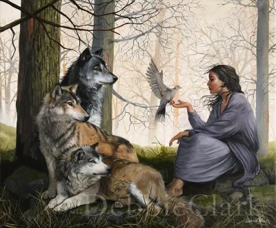 In the Midst of Wolves: A woman in a forest holding a collared dove with gentleness whilst three wolves watch her closely.