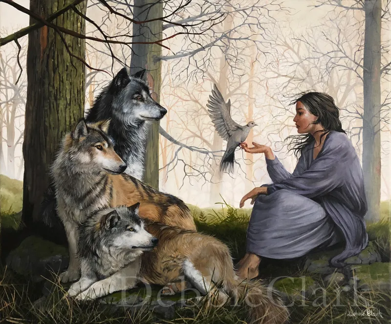 In the Midst of Wolves: A woman in a forest holding a collared dove with gentleness whilst three wolves watch her closely.