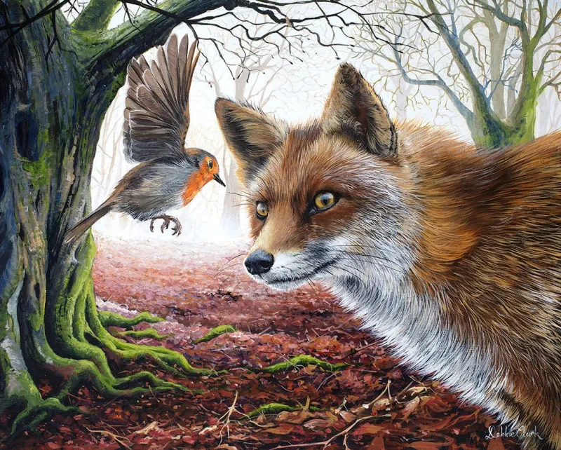 The Fox and The Robin, painting by Debbie Clark