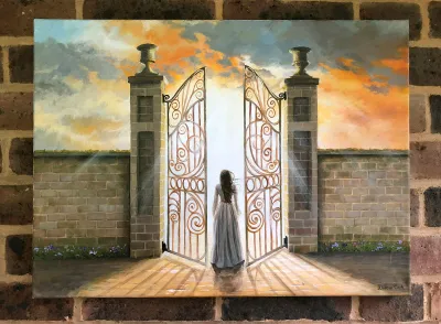 Heaven's Gates: A woman and the entrance of Heaven's Gates staring into a great light.