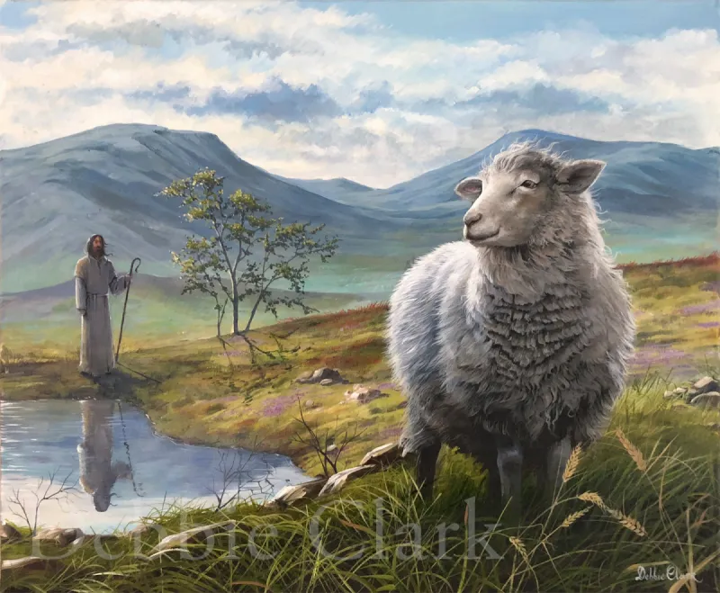 The Lord is My Shepherd: A happy sheep in green pastures with Jesus the Shepherd standing by still water.