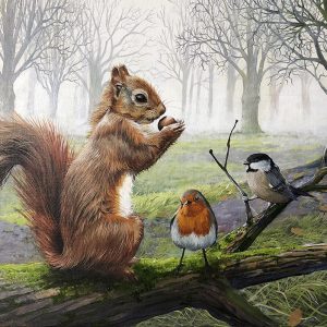 Red Squirrel and birds painting